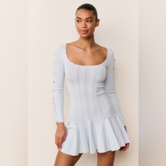 NWT LoveShackFancy Seychelle Ribbed Pointelle Mini Dress In Icicle Blue.